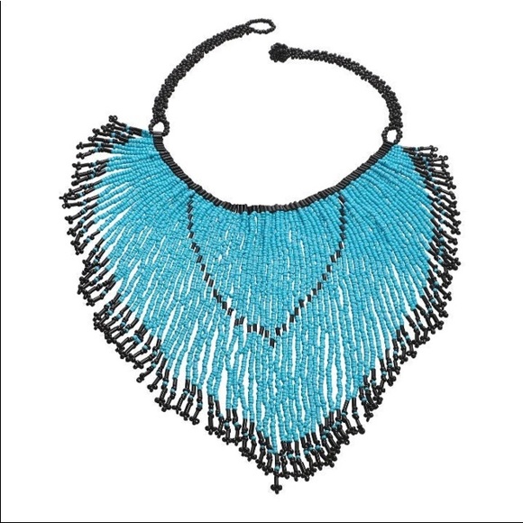 Turquoise & Black Glass Seed & Multi Strand Boho Handkerchief Necklace - Picture 8 of 13
